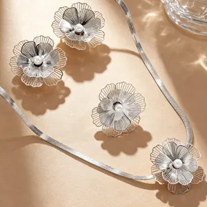 Elegant silver floral jewelry set featuring white pearls on a warm textured background