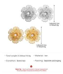 Detailed view of oversized flower stud earrings with faux pearls, including size and material specs