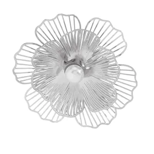 High-definition close-up of a silver filigree flower jewelry piece with an ABS faux pearl