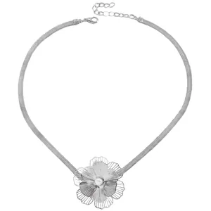Detailed view of silver flower pendant with pearl on flat snake chain necklace