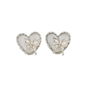Korean style heart butterfly stud earrings with pearl inlay and silver needles