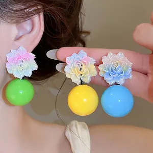 Sweet Resort Resin Flower Stud Earrings With 925 Sterling Silver Earring Post Dopamine Color Round Bead Earrings For Women