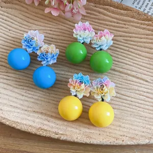 Colorful dopamine resin flower stud earrings with large round drops for summer vacation