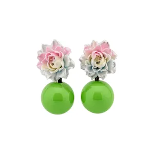 Sweet statement resin flower stud earrings with vibrant green sphere drops for women