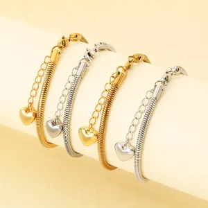Bracelet Chaîne Serpent Avec Pendentif Coeur En Acier Inoxydable Pour Femmes Fermoir Mousqueton Réglable Bijoux De Mode Minimalistes