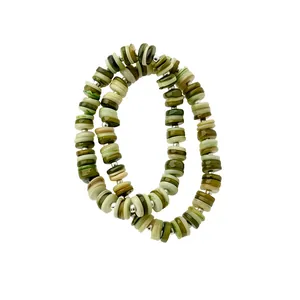 Elegant ethnic style shell bead necklace with green round discs and silver spacer accents