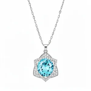 Elegant silver star pendant necklace featuring a large round blue zircon with diamond halo