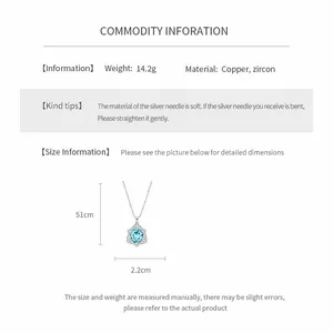 Detailed product specifications showing material and size for the blue zircon star necklace