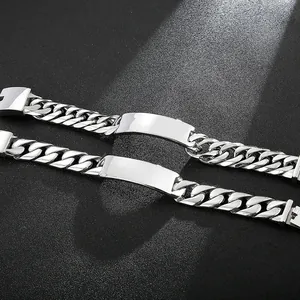 Pulsera ID para hombre en acero inoxidable pulido con placa curva grabable, eslabón cubano