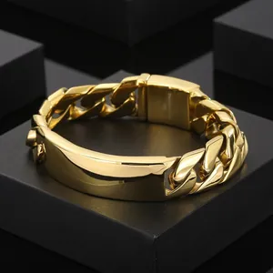 Pulsera de eslabones cubanos para hombre en acero inoxidable dorado con placa de identidad
