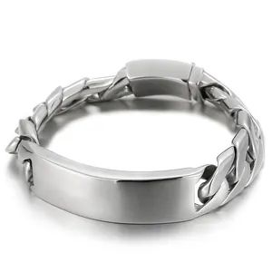 Pulsera para hombre de acero inoxidable pulido con cadena cubana y placa grabable