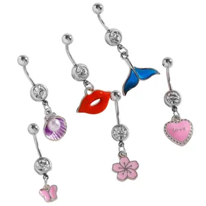 Detailed view of colorful oil-drip belly button rings featuring various charm designs