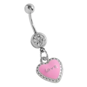 Detailed view of a silver navel ring with a pink heart pendant featuring "Love" engraving.