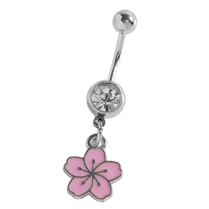 Detailed view of pink enamel cherry blossom pendant on a silver-toned belly ring