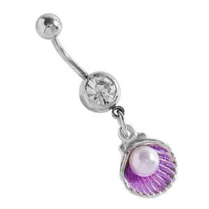 Detailed macro view of a silver shell belly button ring with purple enamel and a pearl accent