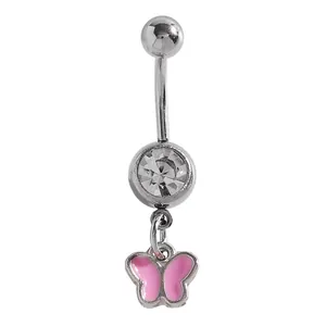 Detailed view of silver belly button ring with pink enamel butterfly and clear gem