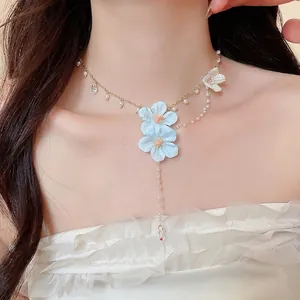 Summer Sweet Fabric Flower Pendant Necklace Gold Alloy Chain With Artificial Pearl Glass Beads For Women Jewelry