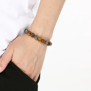 Elegant men's stainless steel and brown tiger eye stone beaded bracelet in Maillard style.