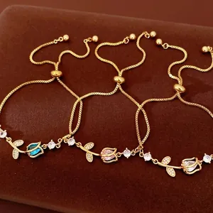 Luxury Copper Zirconia Tulip Flower Adjustable Slider Bracelet For Women Exquisite Gold Plated Floral Charm Hand Chain Jewelry