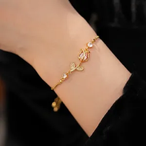 Elegant gold tulip bracelet with pink zircon, adjustable pull-string design for women