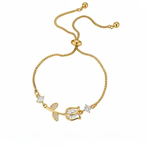 Exquisite gold tulip flower adjustable bracelet decorated with shimmering zircon stones