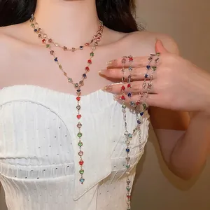 Dopamine Style Colorful Heart Artificial Crystal Double Layer Y-Shaped Necklace For Women Alloy Clavicle Chain Fashion Jewelry