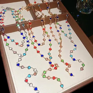 Vibrant colorful crystal heart double-layered Y-shaped necklace for women fashion jewelry
