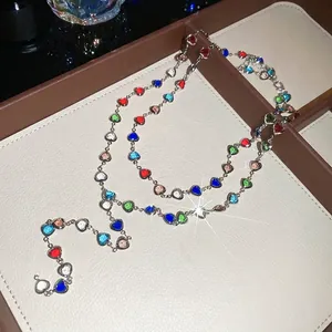 Vibrant multicolor crystal heart double-layered Y-shaped necklace with elegant long drop chain