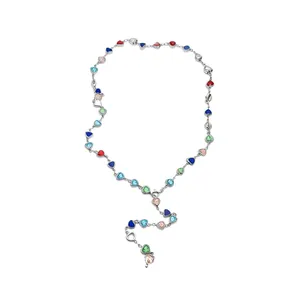 Summer colorful dopamine crystal heart Y-shaped necklace in silver finish for women