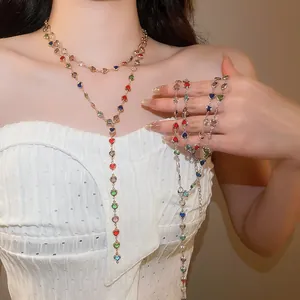 Close-up of colorful heart-shaped crystal beads on a double-layer Y-shaped necklace