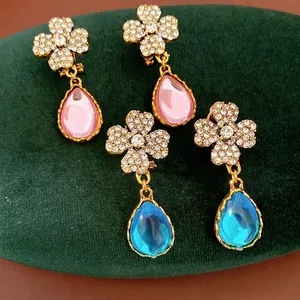 Vintage Resin Floral Teardrop Stud Earrings For Women Rhinestone Inlaid Gold Plated Elegant Jewelry With Silver Earring Post