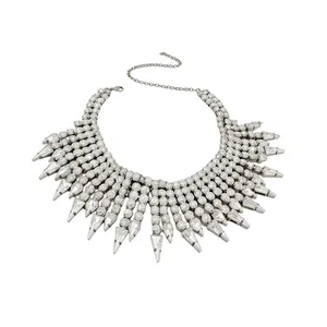 Luxury silver statement necklace with full crystal rhinestones and pointed spikes fringe