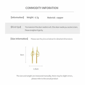 Detail view of geometric hollow waterdrop tassel drop earrings with size measurements