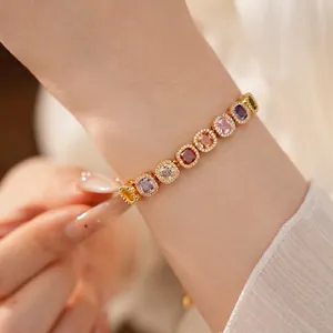Luxury adjustable gold plated bracelet featuring vibrant colorful square zircon stones