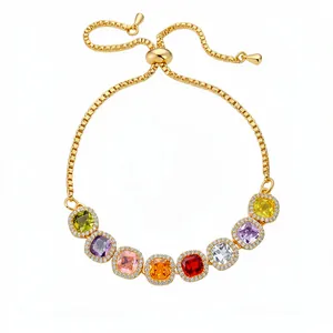Elegant gold adjustable bracelet with colorful square cubic zirconia stones