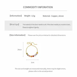 Detail page showing zircon drawstring bracelet specifications, weight 8.5g and material info.