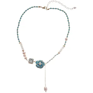 Elegant blue beaded necklace with enamel flower pendant and natural freshwater pearls