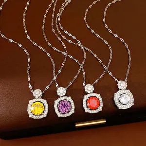 Elegant Copper Zirconia Geometric Pendant Necklace Square Round Design Silver Tone Clavicle Chain Women Jewelry Gift