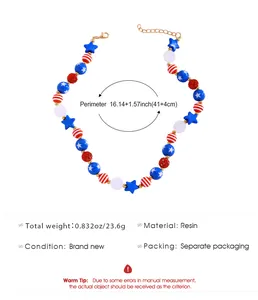 Detailed size specifications for American flag themed beaded resin star heart necklace