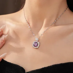 Elegant silver necklace featuring a purple square zircon pendant and diamond halo