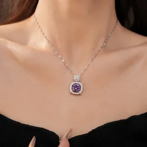Close-up detail of an elegant purple cubic zirconia necklace with a square halo pendant