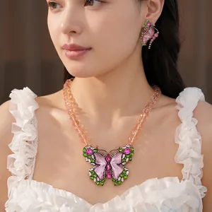 Luxury vintage resin butterfly necklace and earring jewelry set with colorful rhinestones