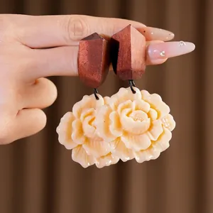 Elegant vintage ethnic style wood and resin flower drop earrings with silver needles