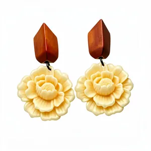 Vintage ethnic style earrings with resin flower pendants and wooden geometric studs