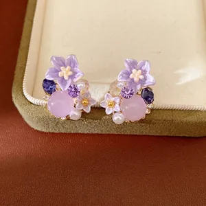Orecchini a Bottone a Fiore in Resina Viola Dolce Con Perno in Argento Zirconia Intarsiata Gioielli per Donna