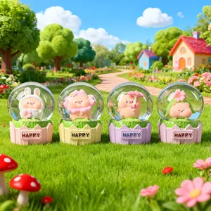 Set of four cute pig miniatures with flowers and rabbit ears on Happy fence bases