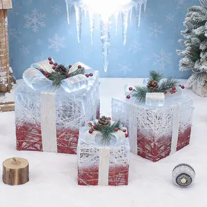 Glowing Christmas Gift Box Decorations Iron Frame Warm White LED Lights Pine Cones Red Berries Festive Winter Holiday Ornaments