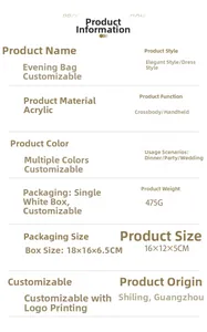 Detailed specification sheet for acrylic evening bag including dimensions 16x12x5cm