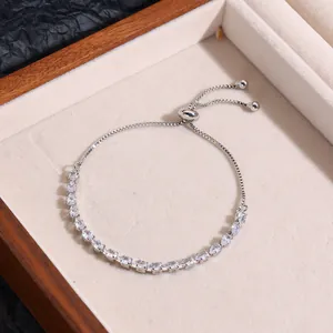 Detail of adjustable silver bracelet with marquise zircon stones and slide clasp mechanism