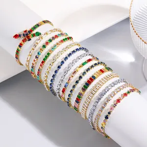 Adjustable Slider Bracelet For Women Colorful Zircon Gold Plated Rainbow Marquise Rectangular Cut Evil Eye Fashion Jewelry